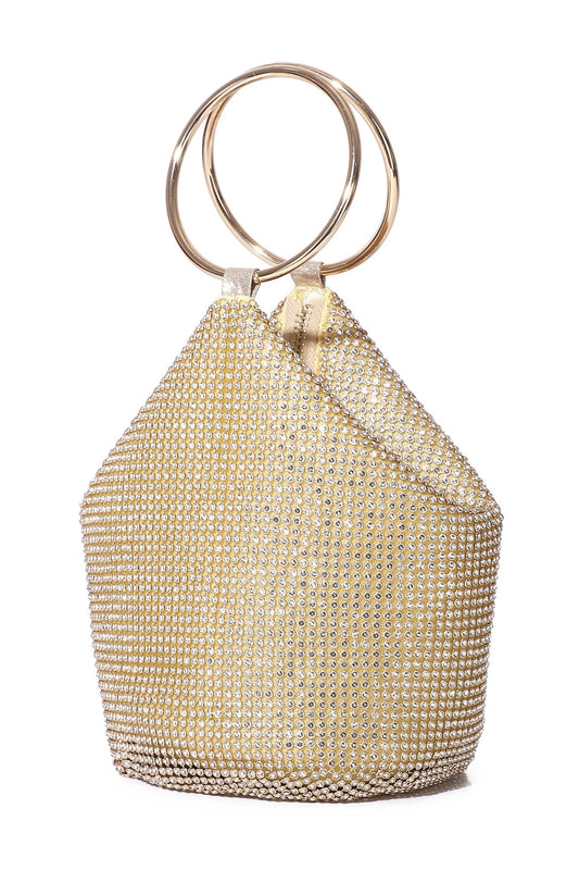 Gold Crystal Rhinestone Ring-Handle Evening Bag Gold