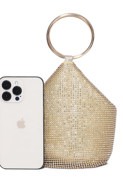 Gold Crystal Rhinestone Ring-Handle Evening Bag Gold
