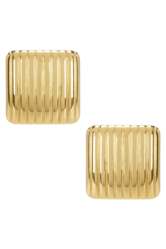 18K Gold Geometric Ribbed Square Stud Earrings Gold