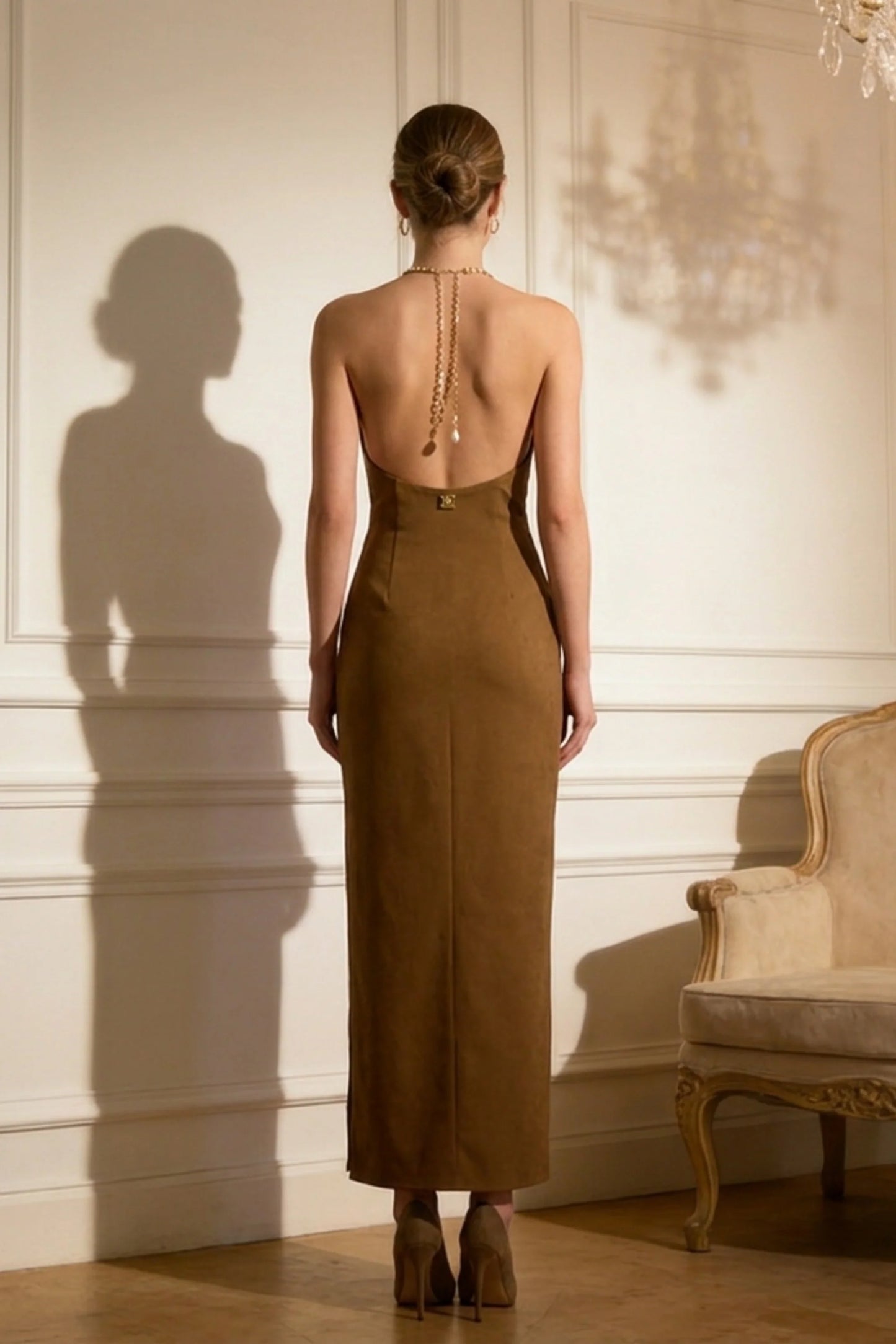 Luxe Halter Chain Metal Maxi Dress with Side Slit Brown
