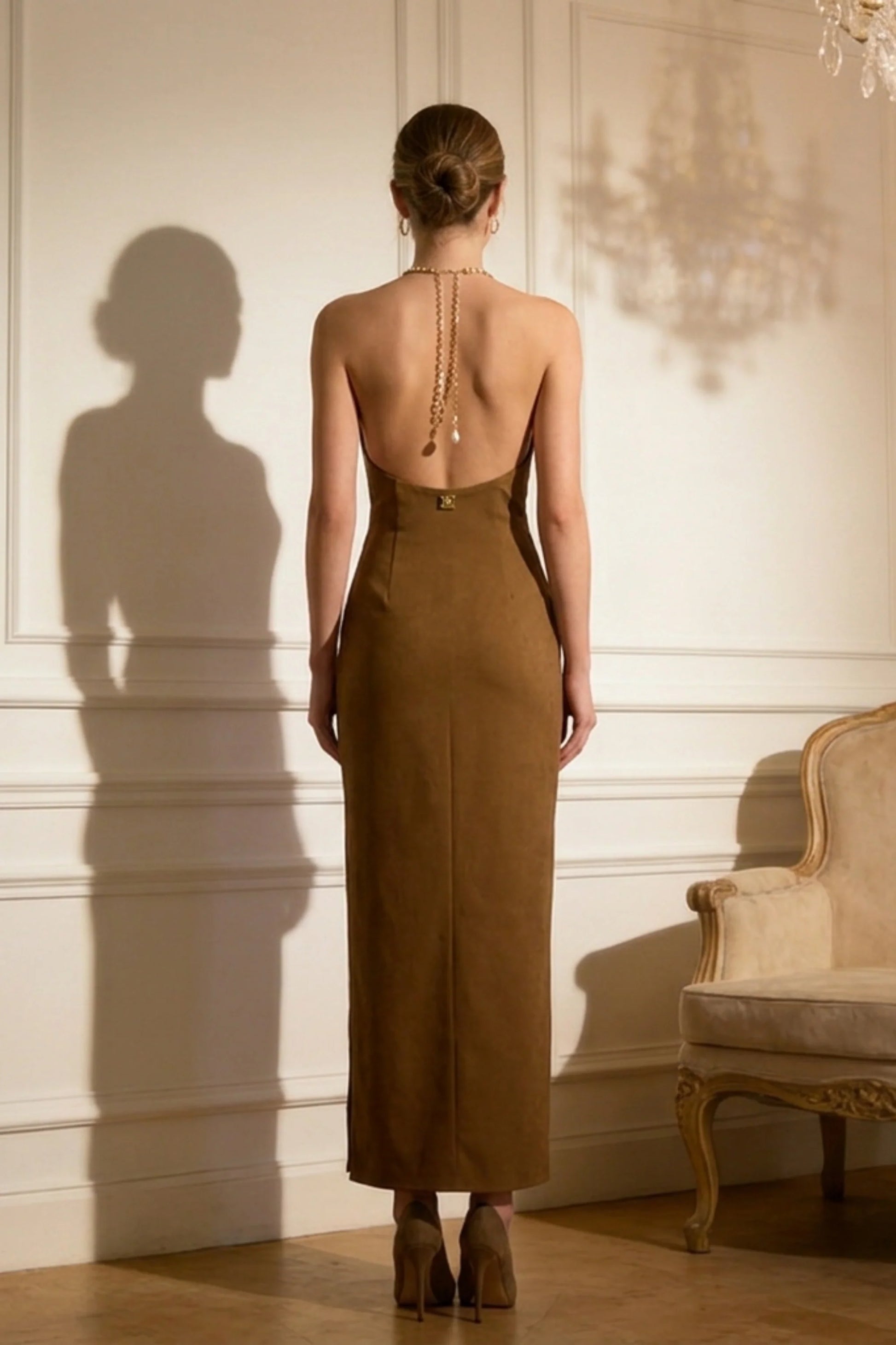 Luxe Halter Chain Metal Maxi Dress with Side Slit Brown