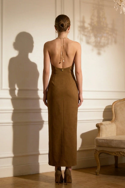 Luxe Halter Chain Metal Maxi Dress with Side Slit Brown