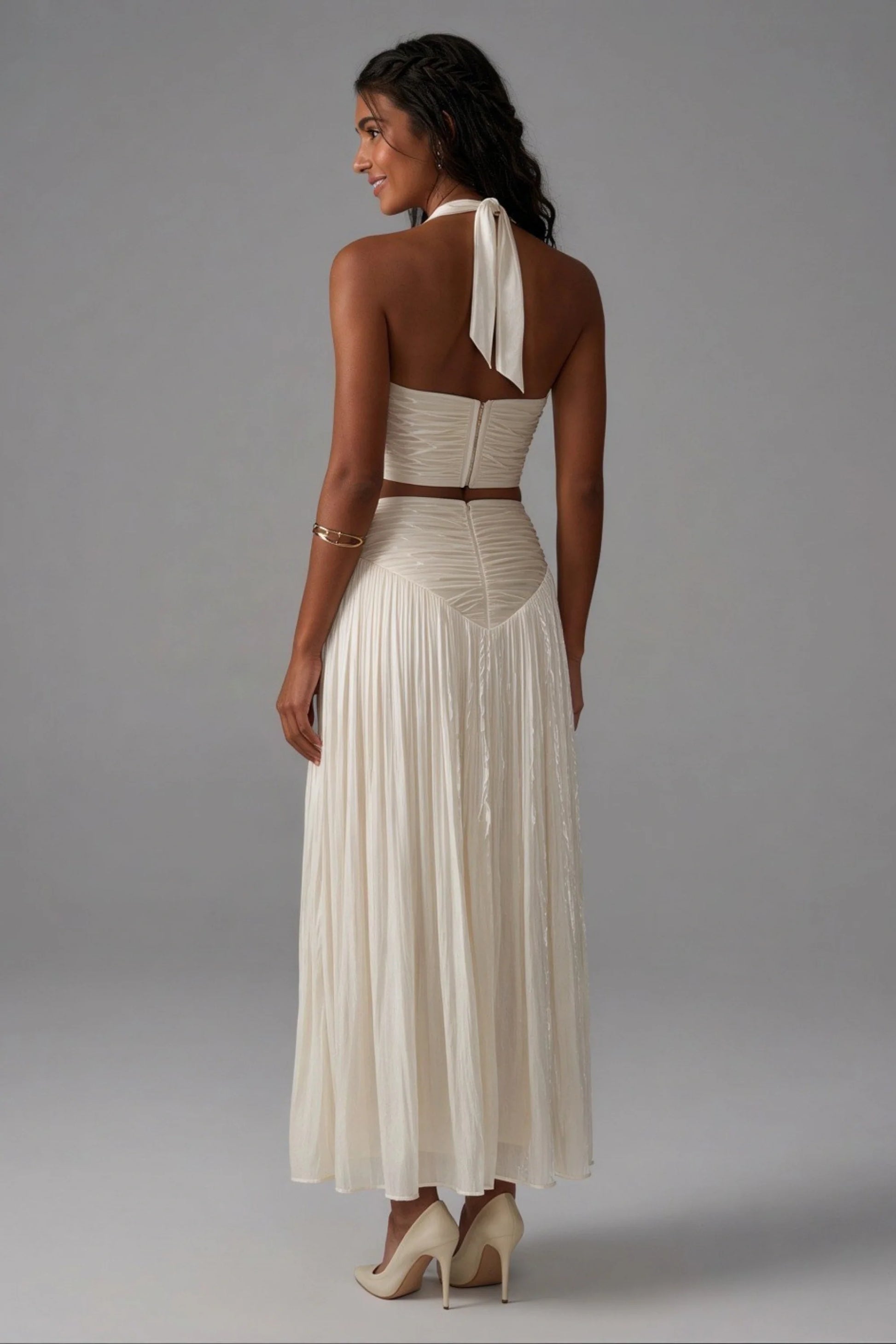 Halter Crop Top and Pleated Skirt Set White