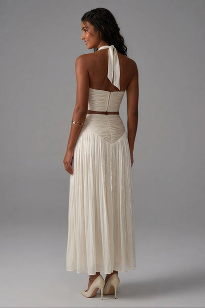 Halter Crop Top and Pleated Skirt Set White