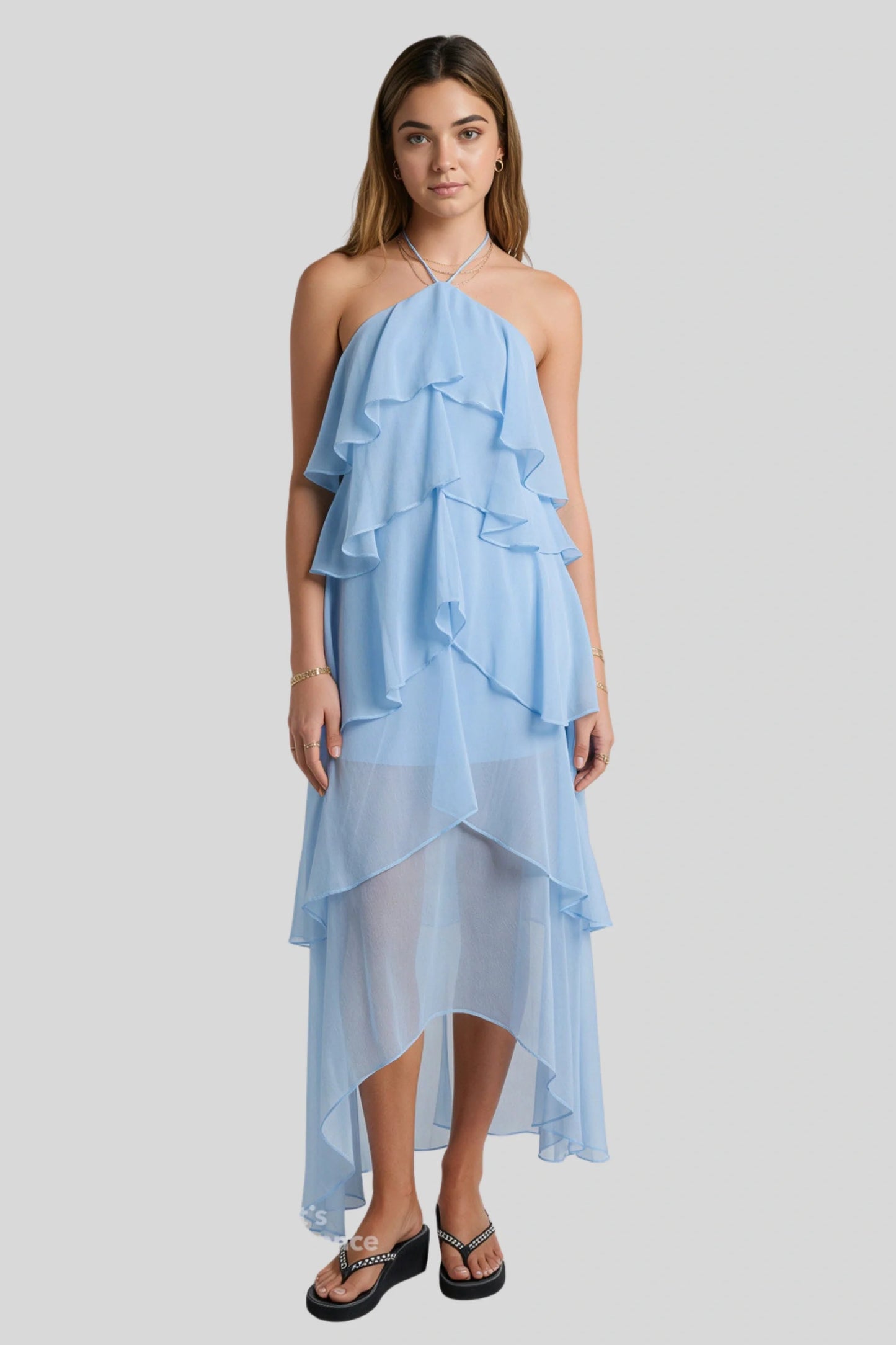 Halter Neck Cake Chiffon Midi Dress Light