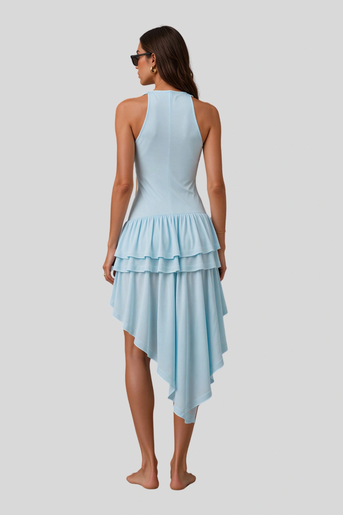 Halter Ruffle Asymmetric Hem Dress blue 