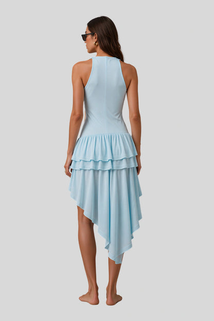 Halter Ruffle Asymmetric Hem Dress blue 