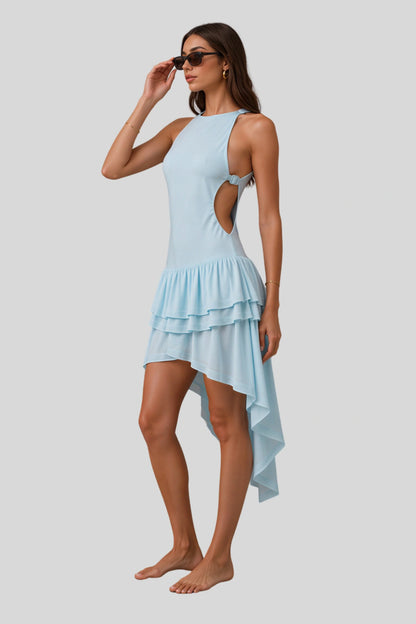 Alzya Halter Ruffle Asymmetric Hem Dress blue