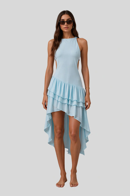 Alzya Halter Ruffle Asymmetric Hem Dress blue