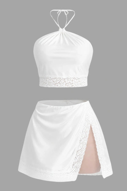Halter top and lace mini skirt set White