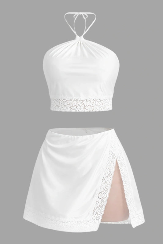 Halter top and lace mini skirt set White