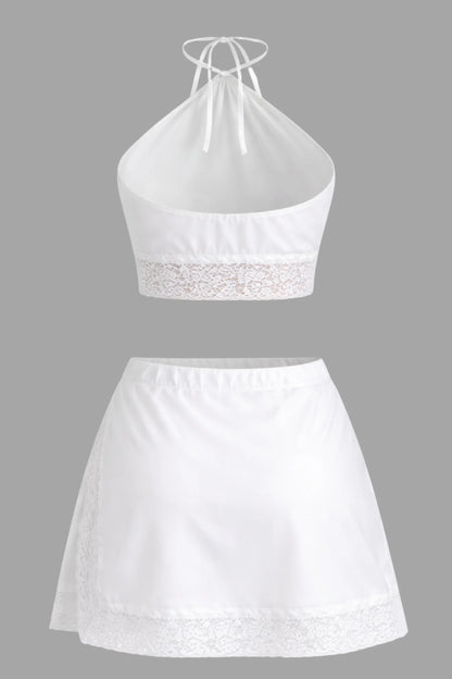 Halter top and lace mini skirt set White