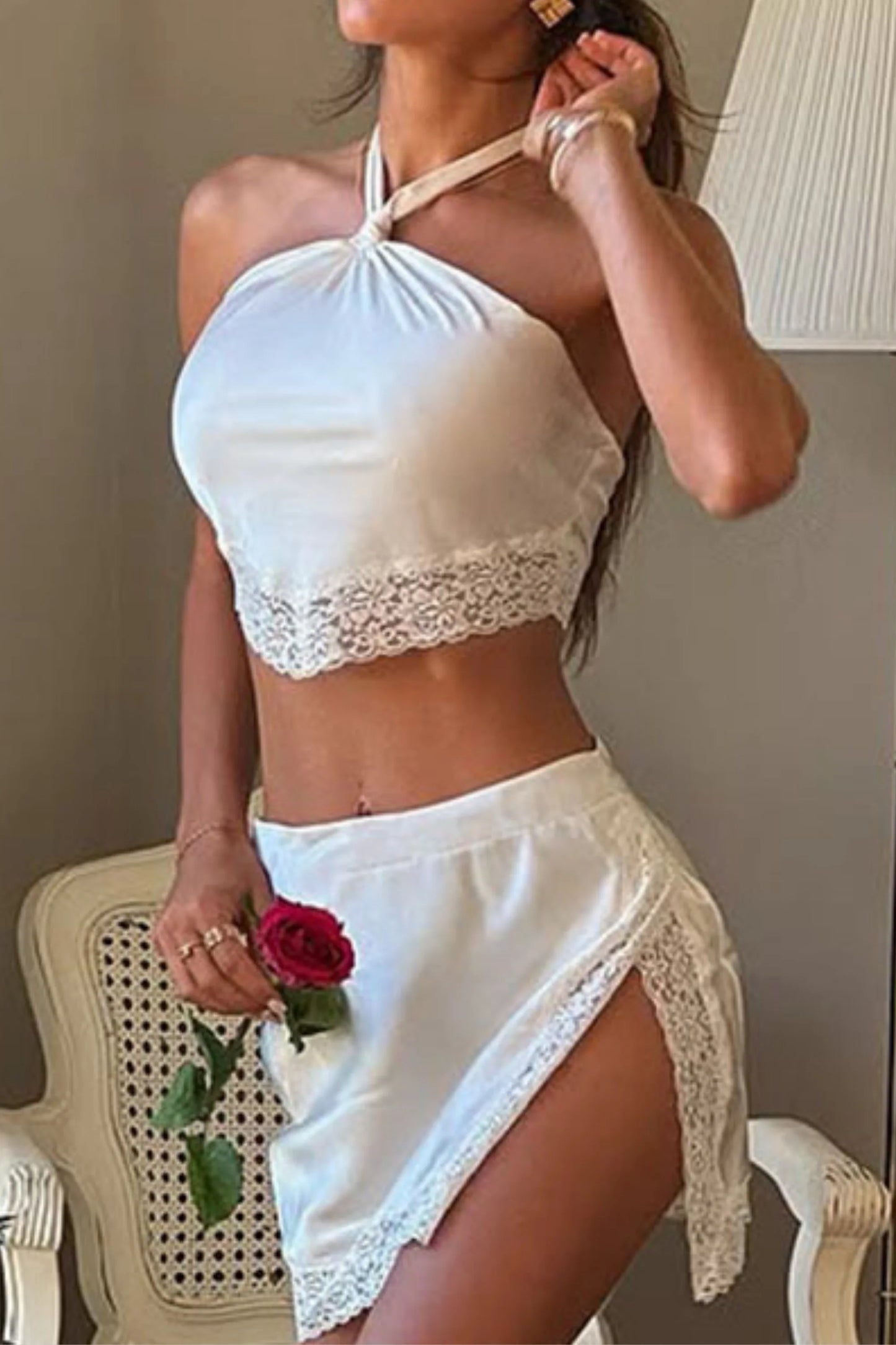 Halter top and lace mini skirt set White