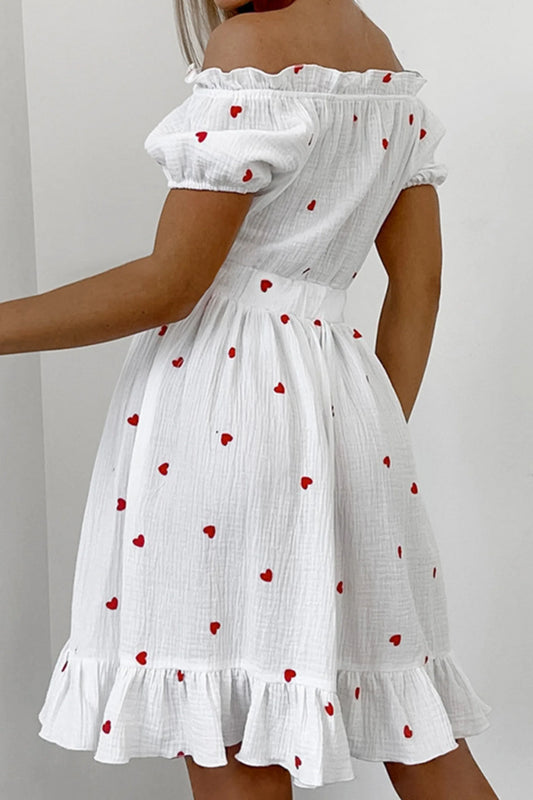 Heart Print Off-Shoulder Mini Dress White