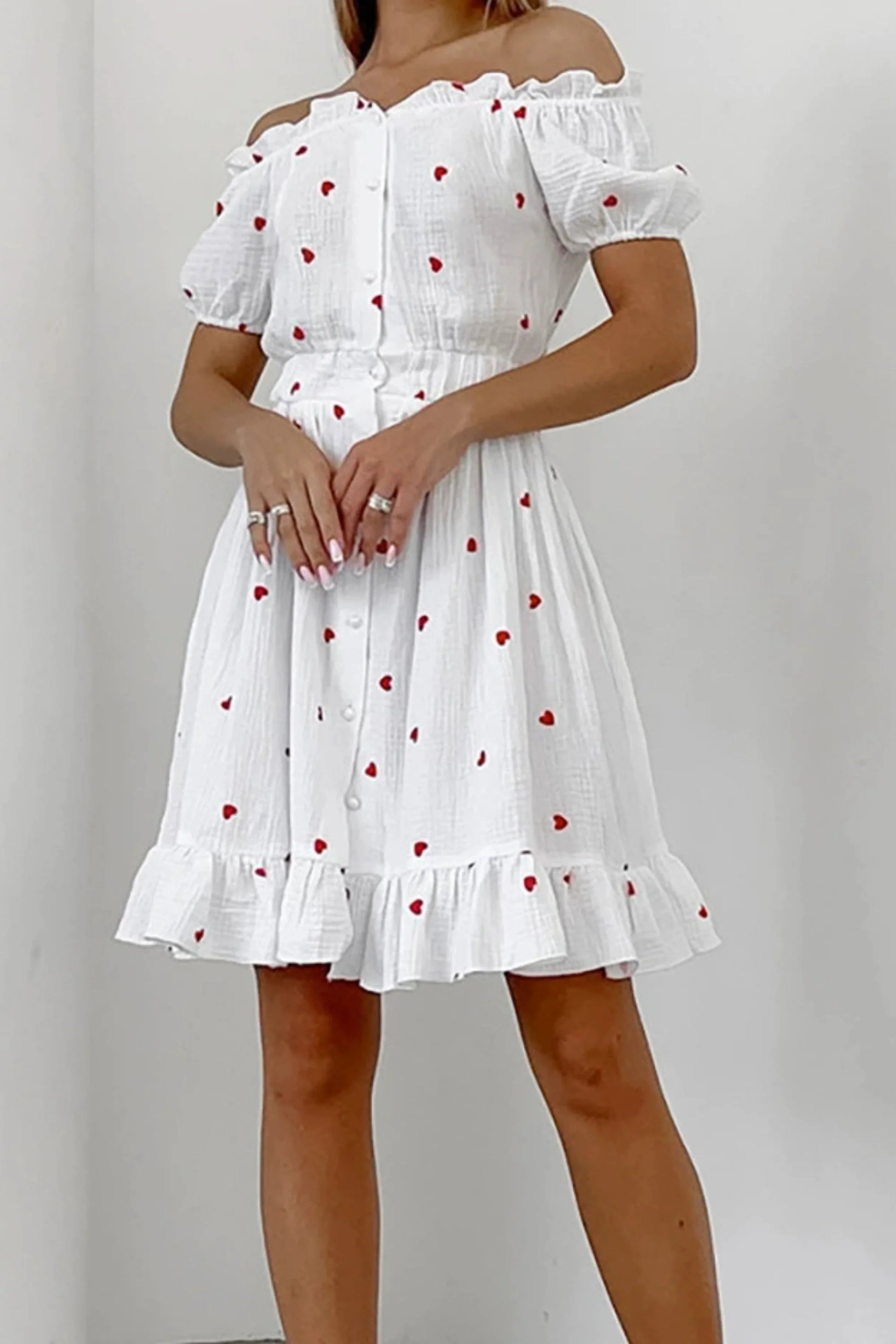 Heart Print Off-Shoulder Mini Dress White