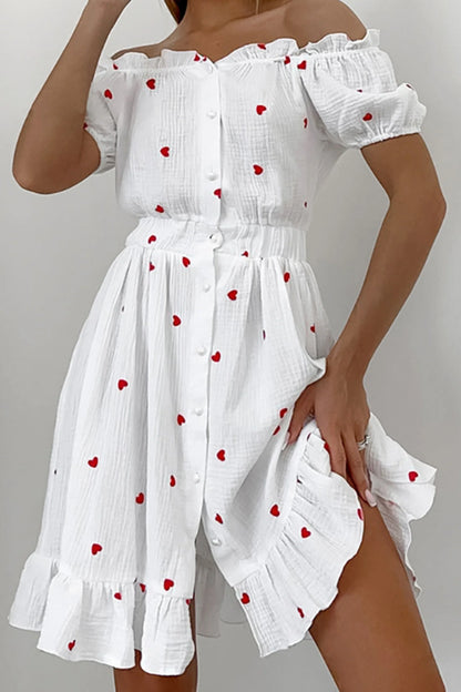 Heart Print Off-Shoulder Mini Dress White