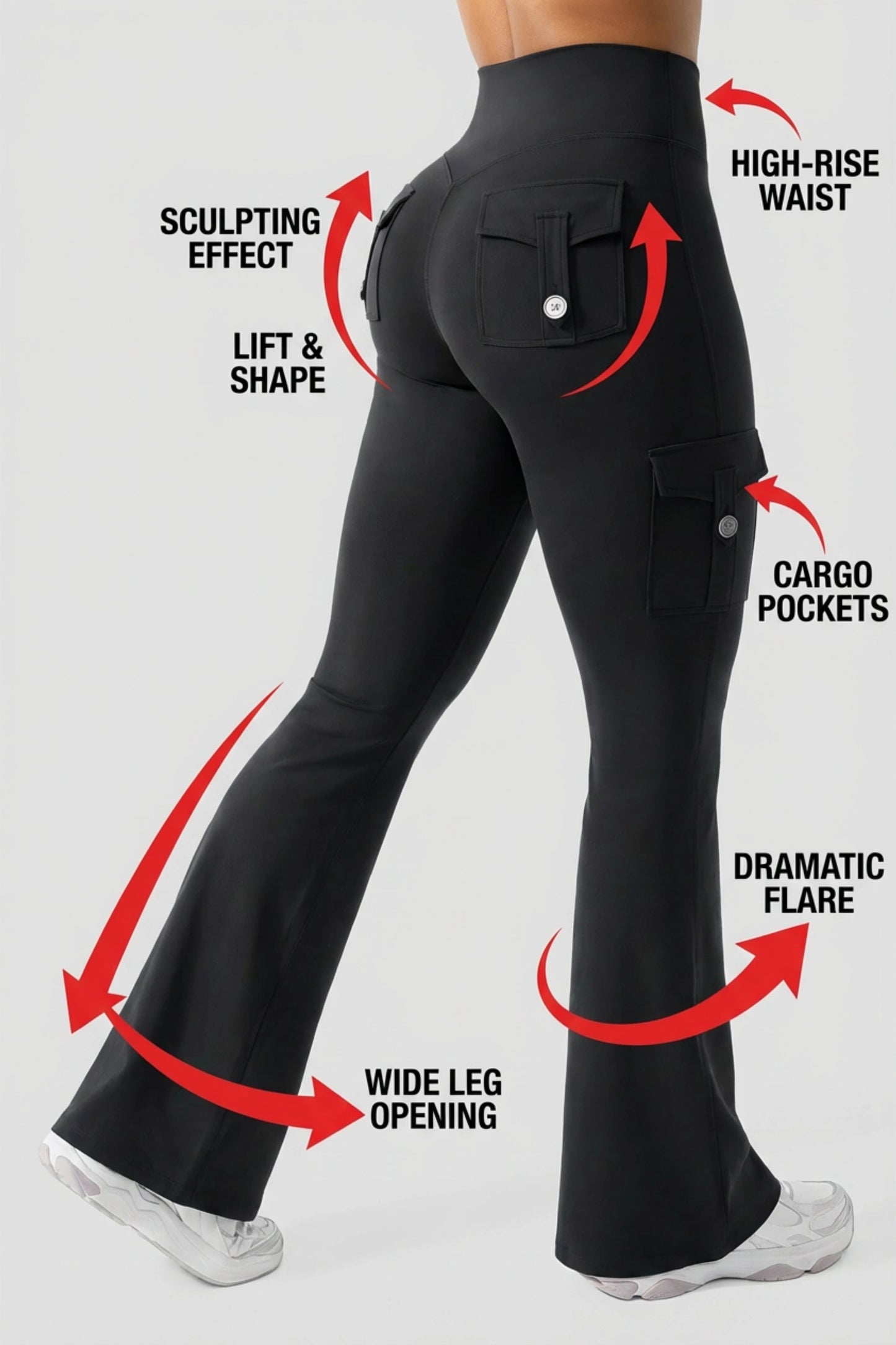 Alzya High Waisted Flare Cargo Leggings � 75% Nylon 4-Way Stretch � BLACK