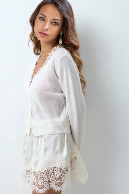 Ivory Wool-Blend Lace Trim Cardigan cream