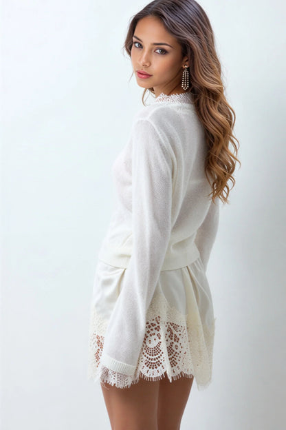 Ivory Wool-Blend Lace Trim Cardigan cream