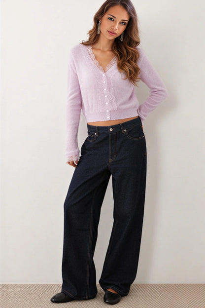 Ivory Wool-Blend Lace Trim Cardigan lilac