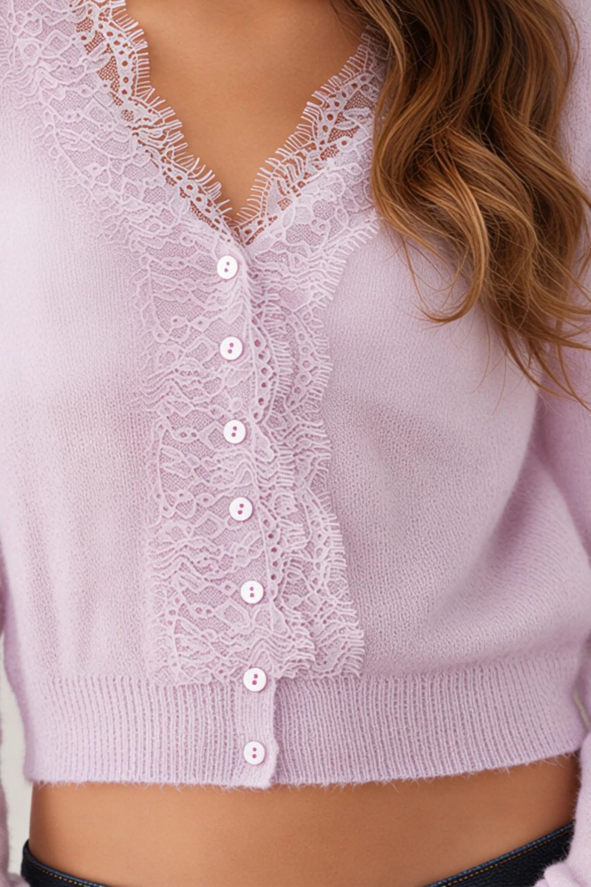 Ivory Wool-Blend Lace Trim Cardigan lilac
