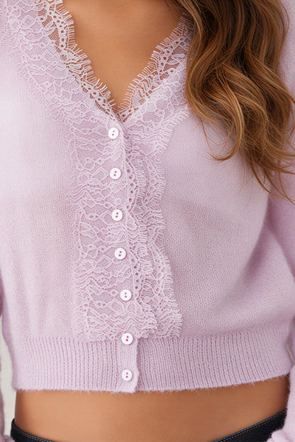 Ivory Wool-Blend Lace Trim Cardigan lilac