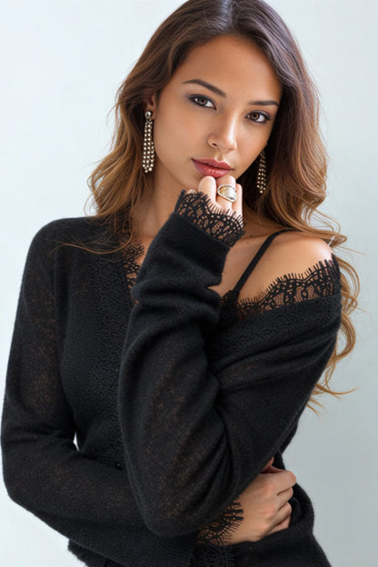 Ivory Wool-Blend Lace Trim Cardigan black