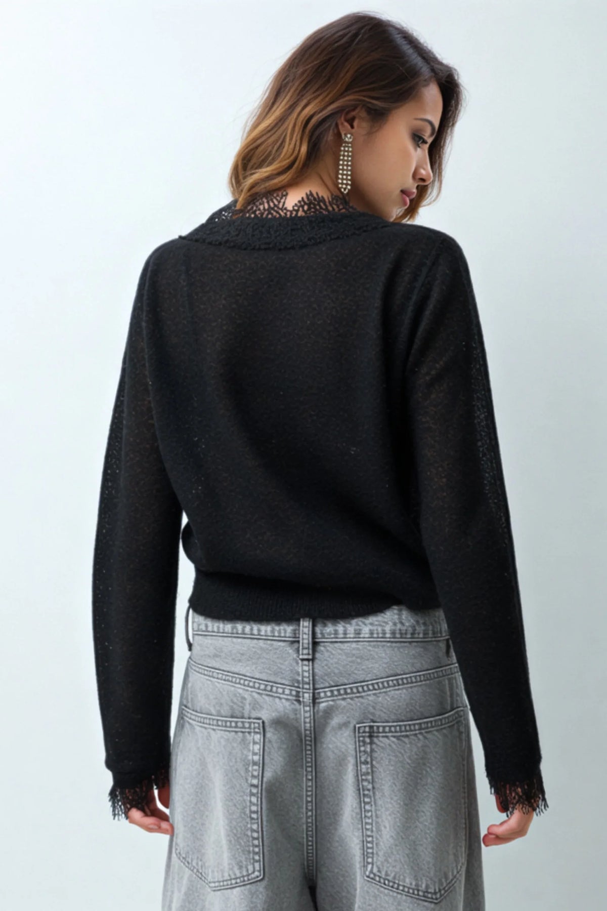 Ivory Wool-Blend Lace Trim Cardigan black