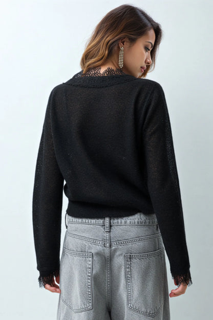 Ivory Wool-Blend Lace Trim Cardigan black