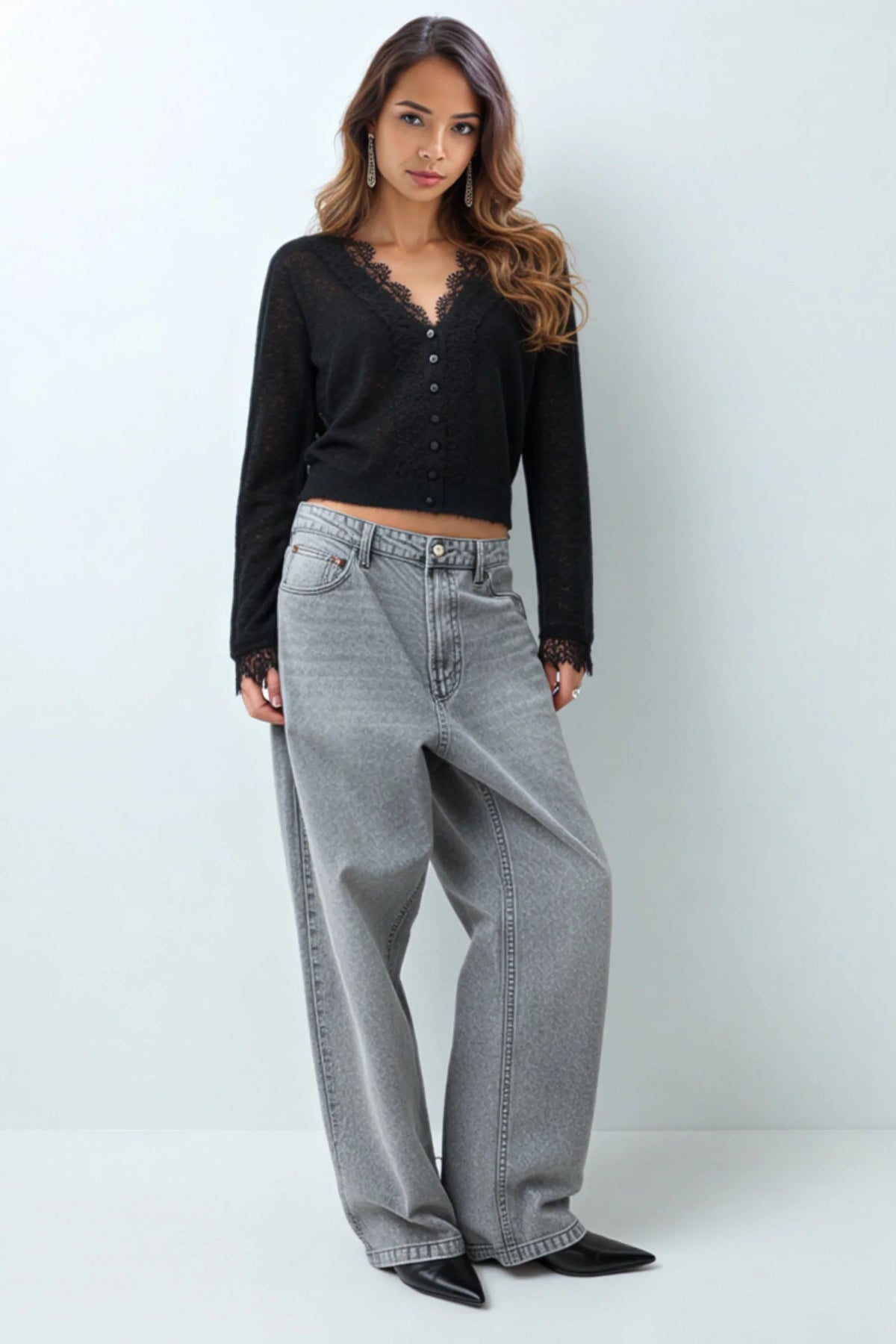 Ivory Wool-Blend Lace Trim Cardigan black