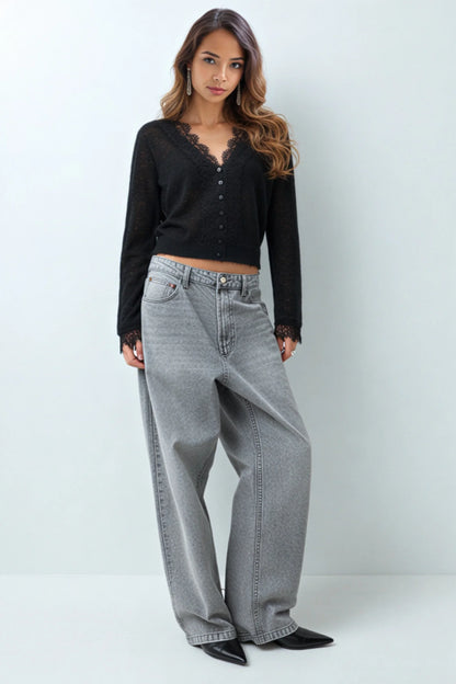 Ivory Wool-Blend Lace Trim Cardigan black