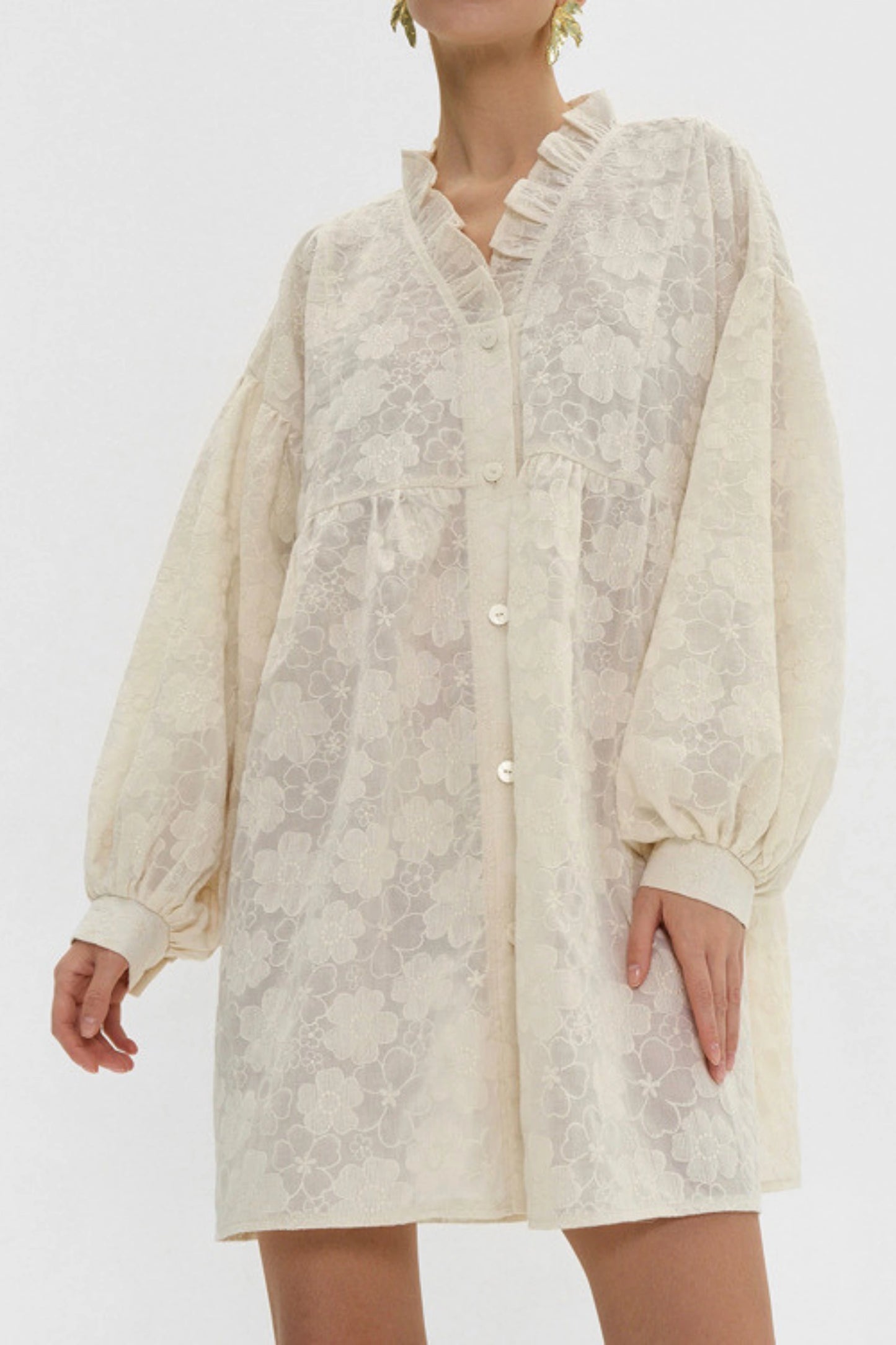 Jacquard Puff Sleeve Shirt Dress Color: