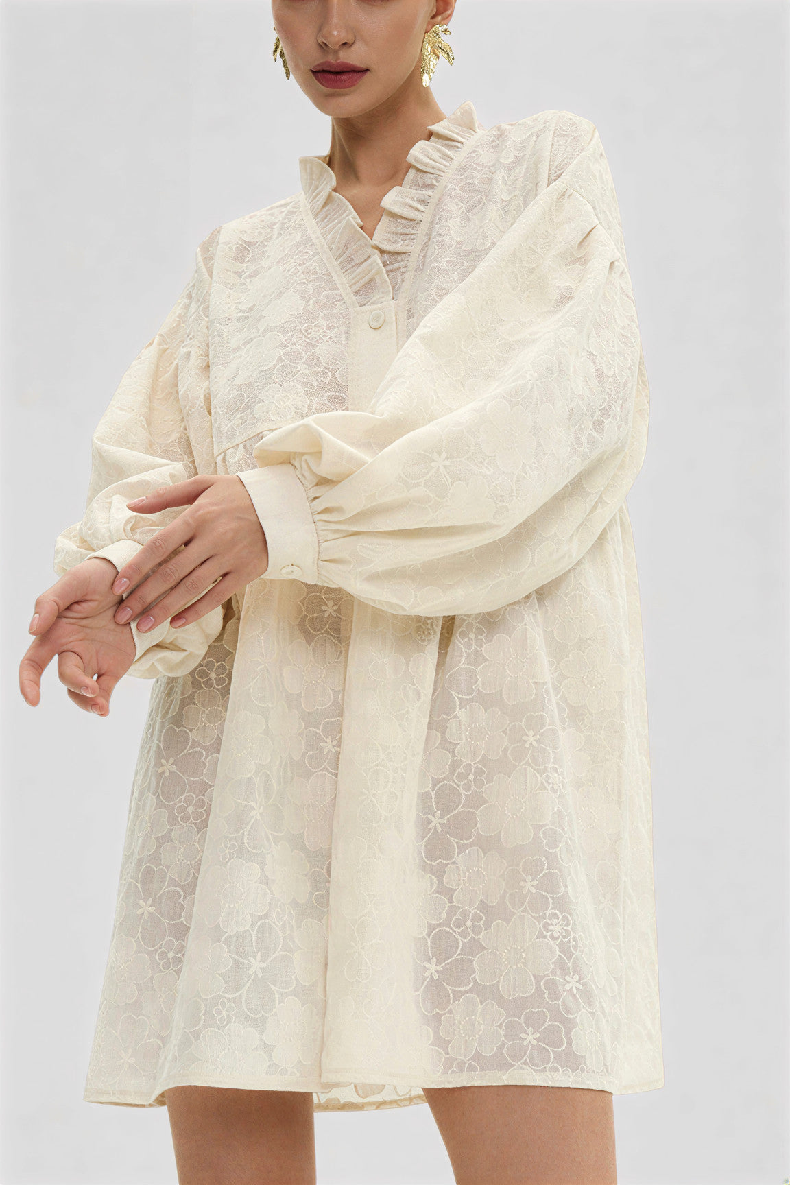 Jacquard Puff Sleeve Shirt Dress Color: