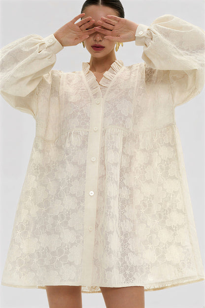 Jacquard Puff Sleeve Shirt Dress Color: