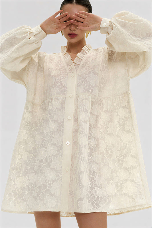 Jacquard Puff Sleeve Shirt Dress Color: