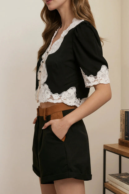 Alzya Lace Contrast V-Neck Elegant Top Black