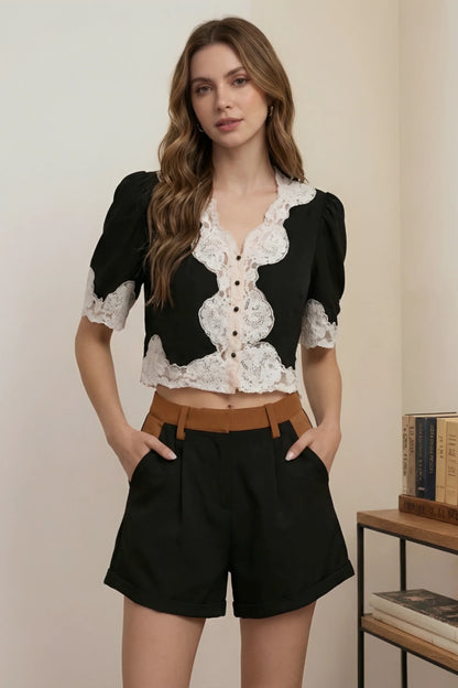 Alzya Lace Contrast V-Neck Elegant Top Black