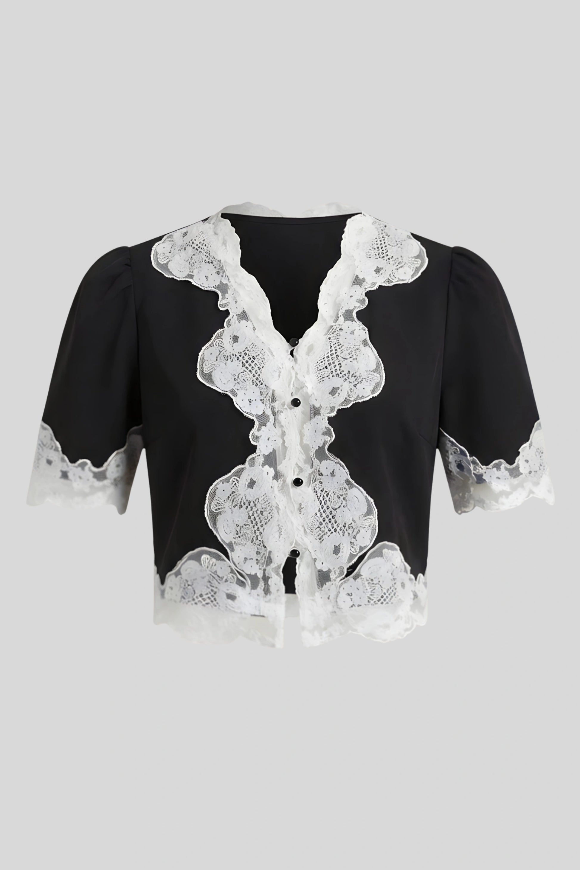 Alzya Lace Contrast V-Neck Elegant Top Black