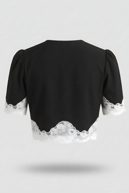 Alzya Lace Contrast V-Neck Elegant Top Black