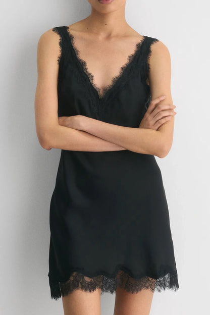 Lace Trim Satin Slip Dress with Deep V Neckline Navy Blue