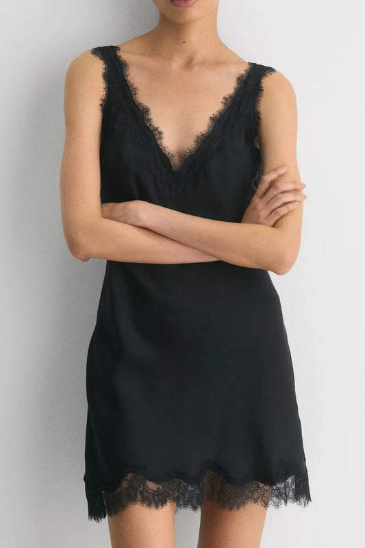 Lace Trim Satin Slip Dress with Deep V Neckline Navy Blue
