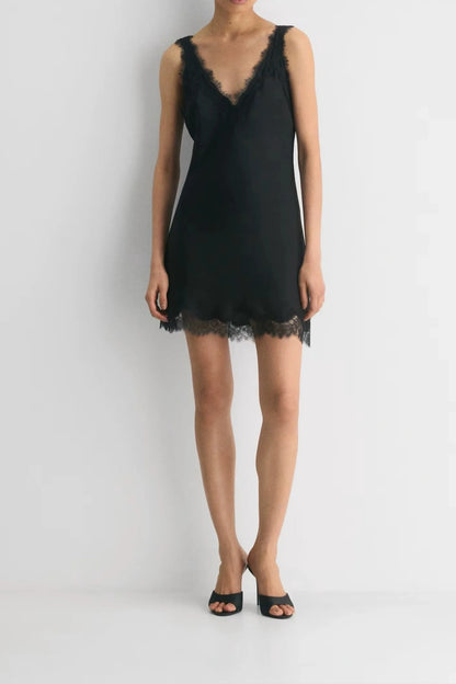 Lace Trim Satin Slip Dress with Deep V Neckline Navy Blue
