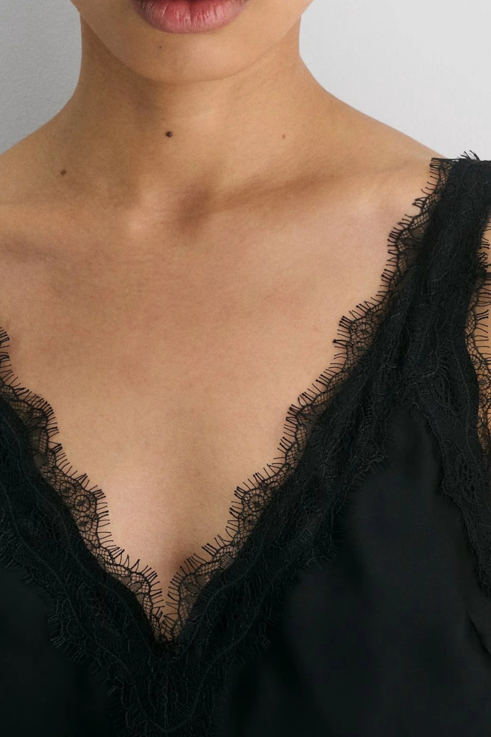 Lace Trim Satin Slip Dress with Deep V Neckline Navy Blue