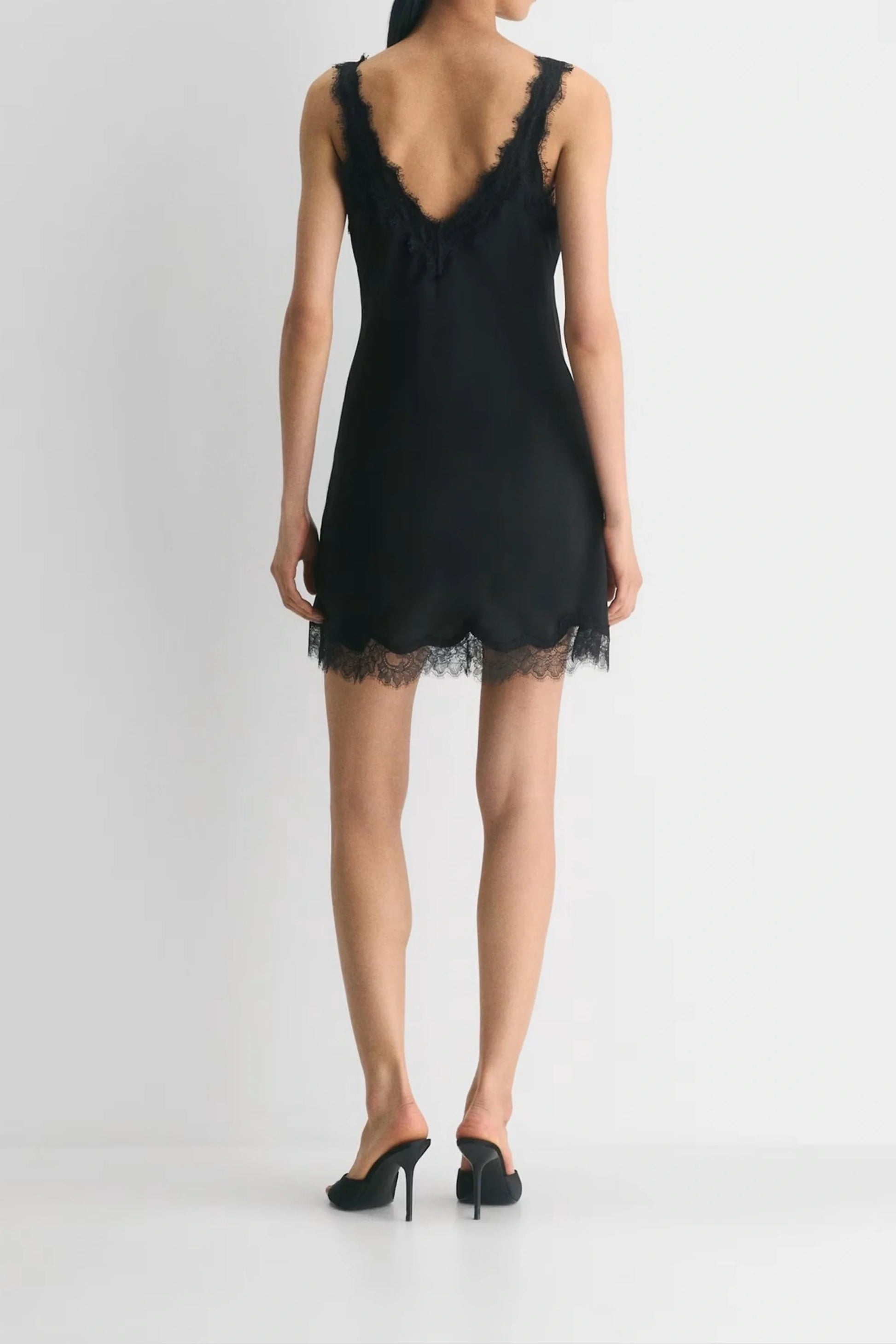 Lace Trim Satin Slip Dress with Deep V Neckline Navy Blue