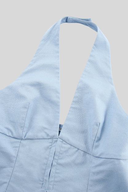 Light Blue Linen Halter Pants Set