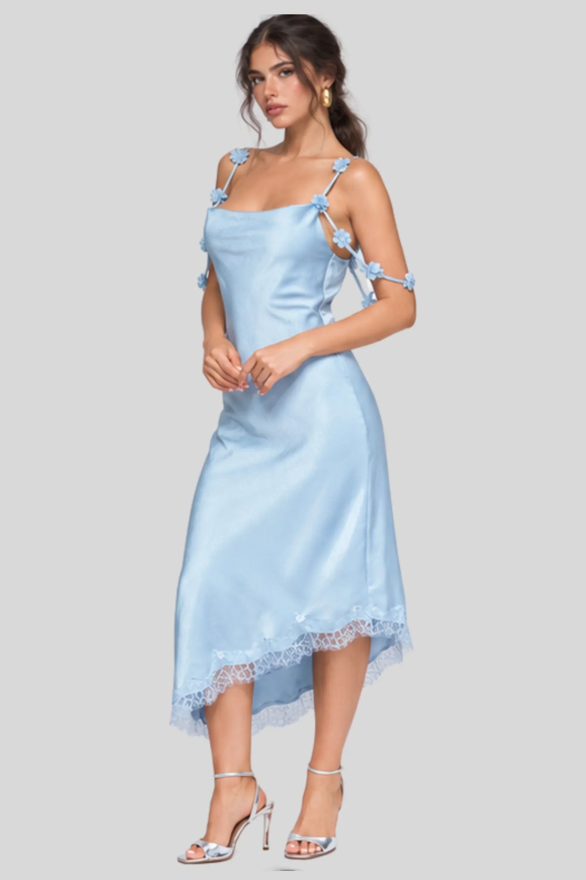 Light Blue Satin Midi Dress with 3D Floral Straps and Asymmetric Lace Hem Light Blue
