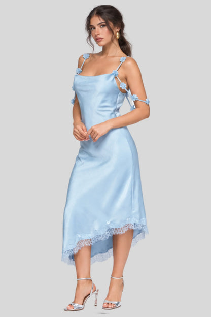 Light Blue Satin Midi Dress with 3D Floral Straps and Asymmetric Lace Hem Light Blue