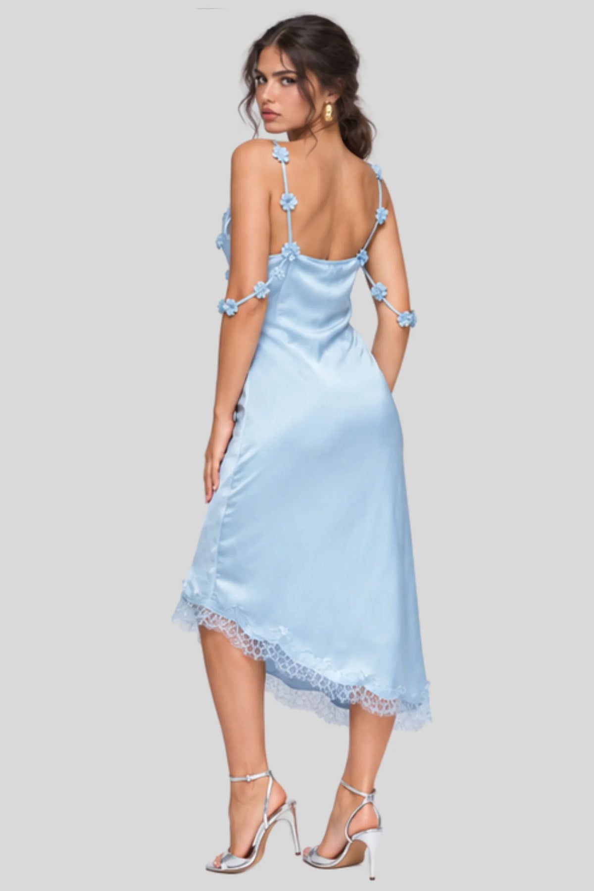 Light Blue Satin Midi Dress with 3D Floral Straps and Asymmetric Lace Hem Light Blue
