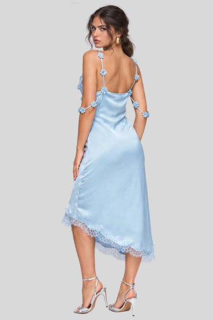 Light Blue Satin Midi Dress with 3D Floral Straps and Asymmetric Lace Hem Light Blue