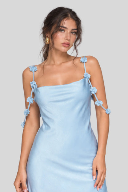 Light Blue Satin Midi Dress with 3D Floral Straps and Asymmetric Lace Hem Light Blue